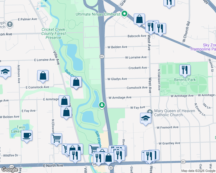 map of restaurants, bars, coffee shops, grocery stores, and more near 663 Comstock Avenue in Elmhurst