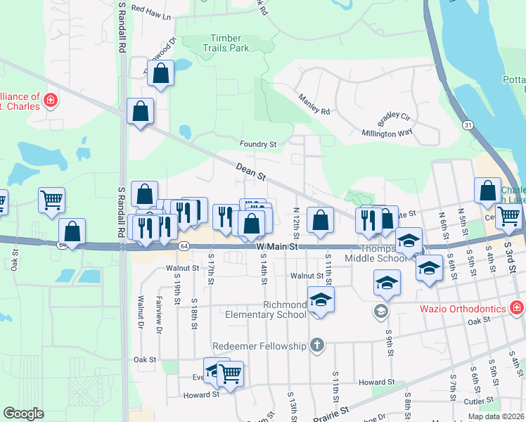 map of restaurants, bars, coffee shops, grocery stores, and more near 1360 Brook Street in St. Charles