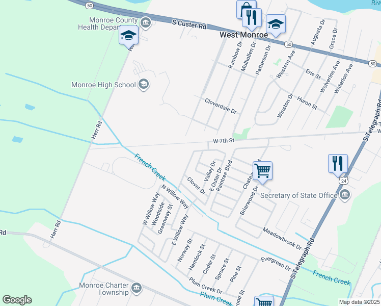 map of restaurants, bars, coffee shops, grocery stores, and more near 1100-1250 North Outer Drive in Monroe