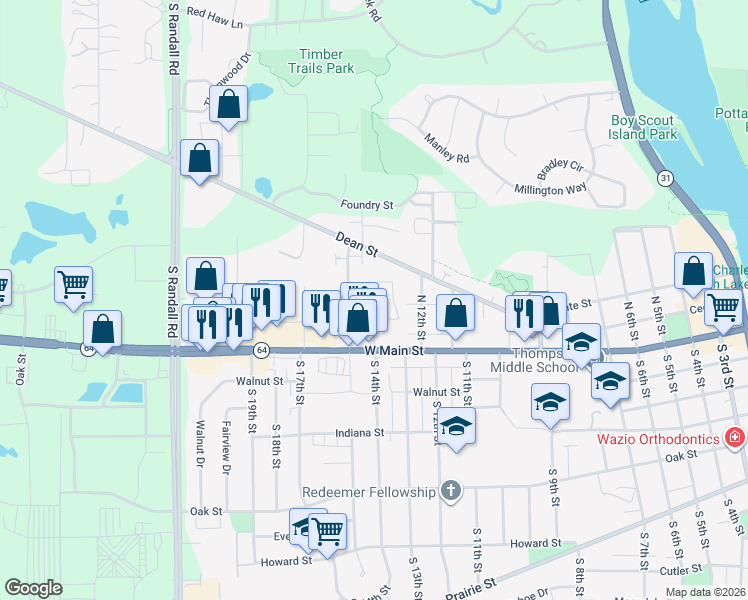 map of restaurants, bars, coffee shops, grocery stores, and more near 102 North 15th Street in St. Charles