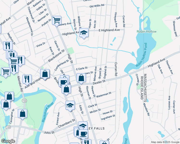 map of restaurants, bars, coffee shops, grocery stores, and more near 42 East Barrows Street in Cumberland