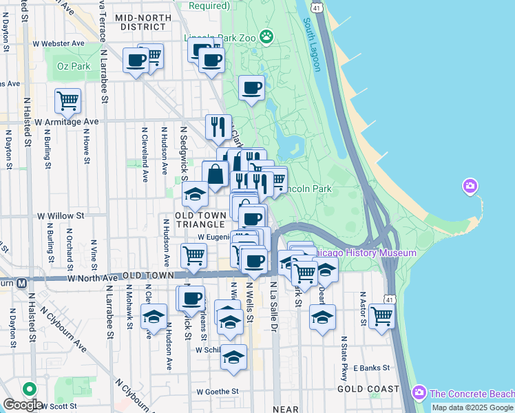 map of restaurants, bars, coffee shops, grocery stores, and more near 1749 North Wells Street in Chicago
