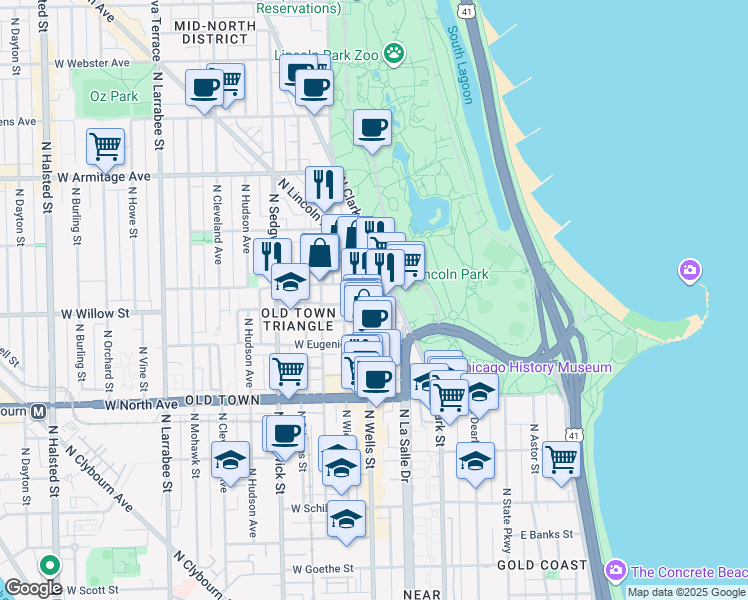 map of restaurants, bars, coffee shops, grocery stores, and more near 1749 North Wells Street in Chicago
