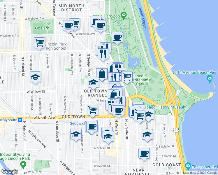 map of restaurants, bars, coffee shops, grocery stores, and more near 229 West Menomonee Street in Chicago