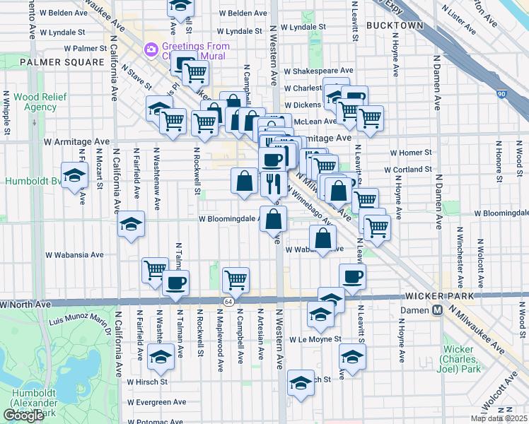 map of restaurants, bars, coffee shops, grocery stores, and more near 2431 West Moffat Street in Chicago