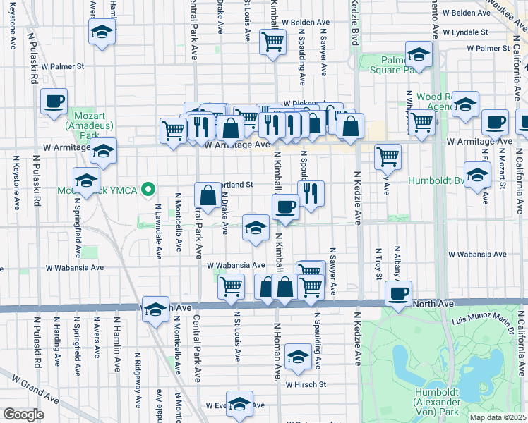 map of restaurants, bars, coffee shops, grocery stores, and more near 1822 North Kimball Avenue in Chicago