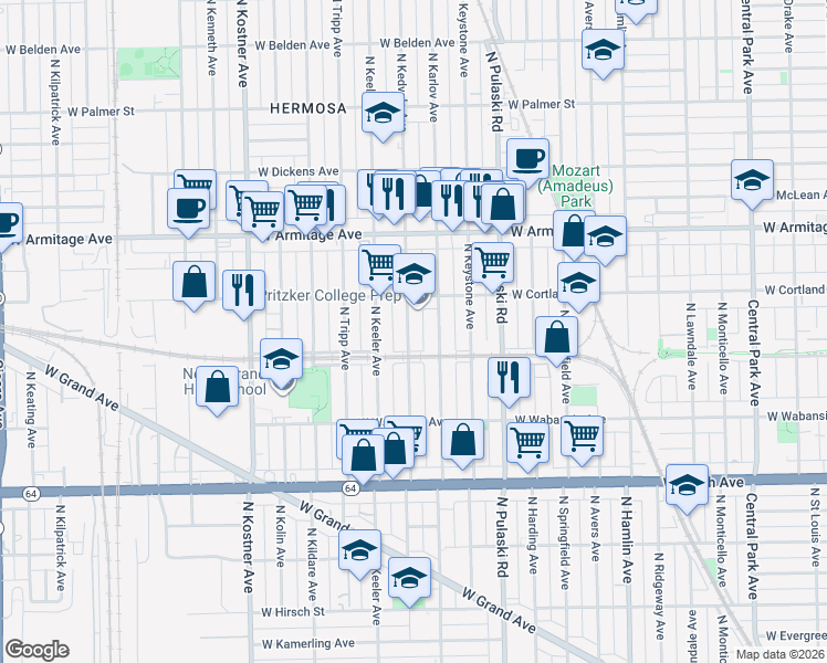 map of restaurants, bars, coffee shops, grocery stores, and more near 1830 North Kedvale Avenue in Chicago