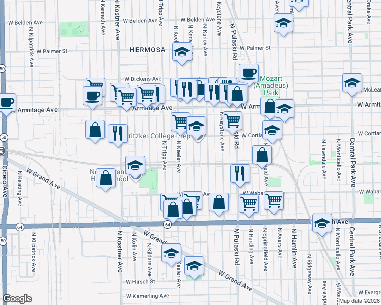 map of restaurants, bars, coffee shops, grocery stores, and more near 1830 North Kedvale Avenue in Chicago