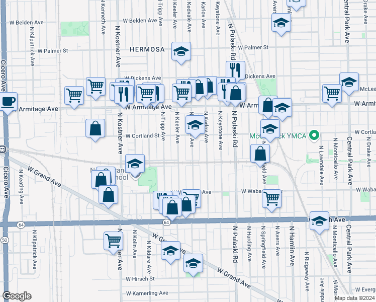 map of restaurants, bars, coffee shops, grocery stores, and more near 1830 North Kedvale Avenue in Chicago