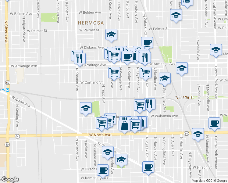 map of restaurants, bars, coffee shops, grocery stores, and more near 1830 North Kedvale Avenue in Chicago