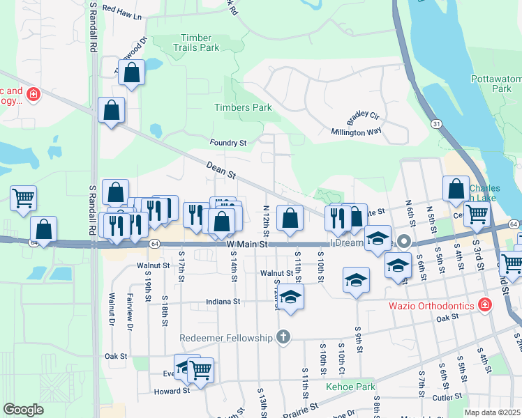 map of restaurants, bars, coffee shops, grocery stores, and more near 1340 Brook Street in St. Charles