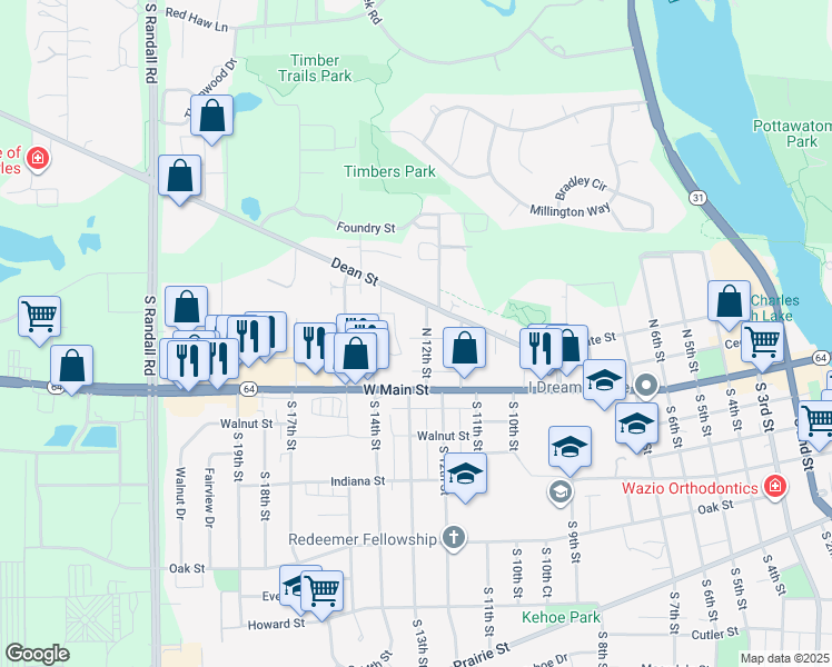 map of restaurants, bars, coffee shops, grocery stores, and more near 1340 Brook Street in St. Charles