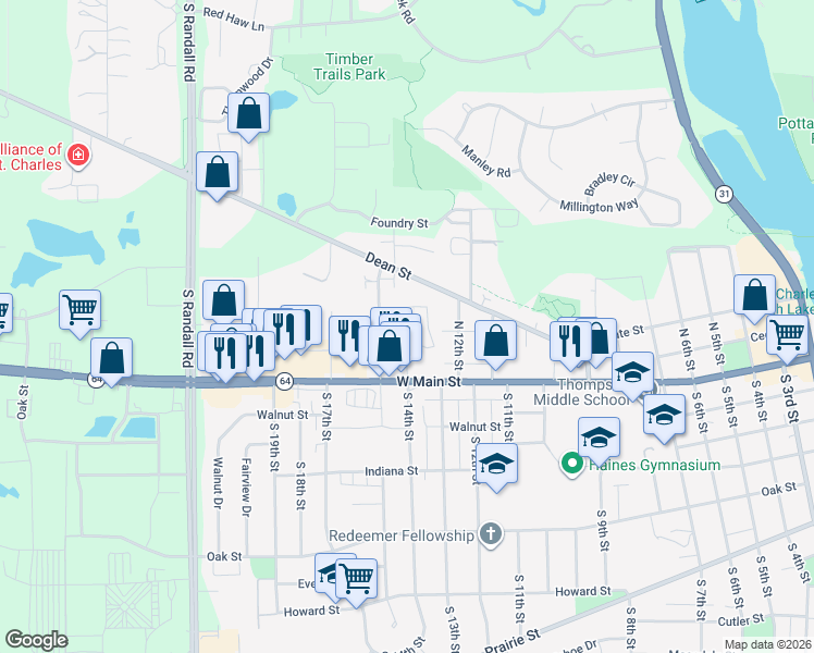 map of restaurants, bars, coffee shops, grocery stores, and more near 1360 Brook Street in St. Charles