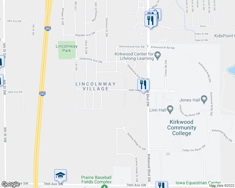map of restaurants, bars, coffee shops, grocery stores, and more near 6610 College Park Court Southwest in Cedar Rapids