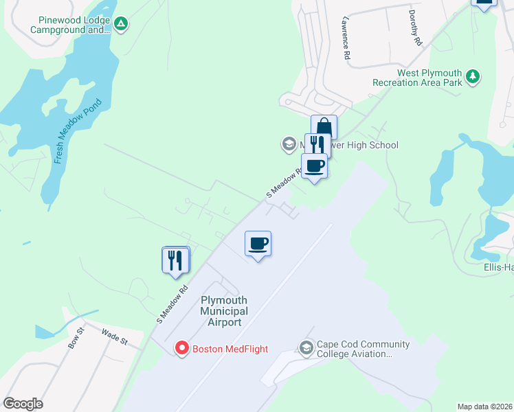 map of restaurants, bars, coffee shops, grocery stores, and more near 253 South Meadow Road in Plymouth