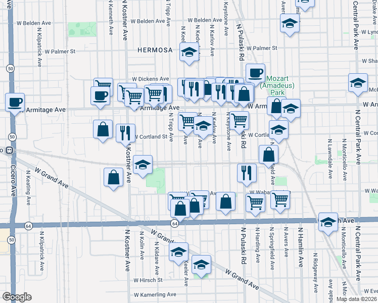 map of restaurants, bars, coffee shops, grocery stores, and more near 1830 North Kedvale Avenue in Chicago