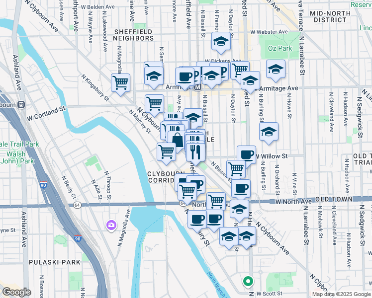map of restaurants, bars, coffee shops, grocery stores, and more near 1827 North Clybourn Avenue in Chicago