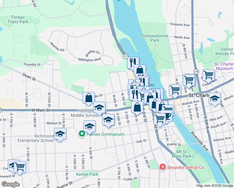 map of restaurants, bars, coffee shops, grocery stores, and more near 501 State Street in St. Charles