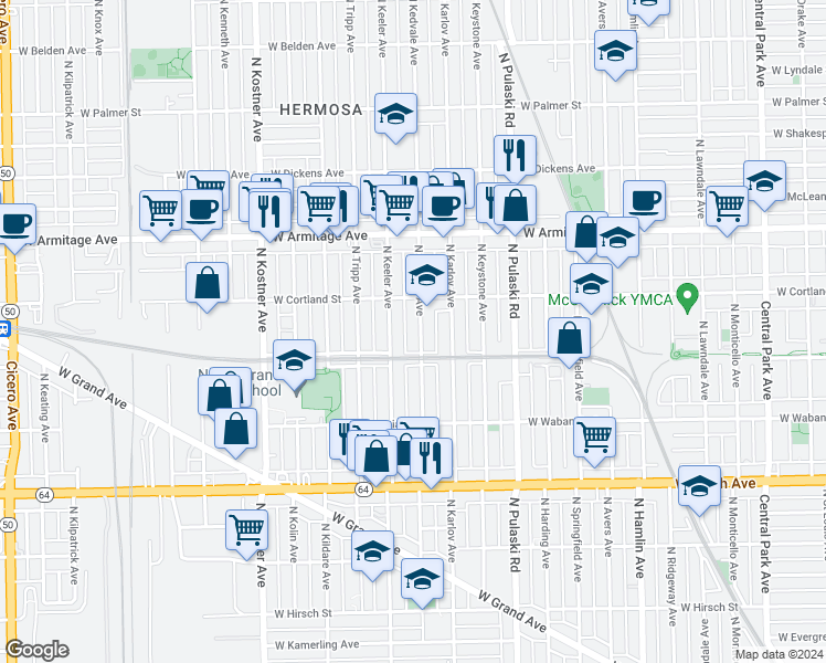 map of restaurants, bars, coffee shops, grocery stores, and more near 1830 North Kedvale Avenue in Chicago