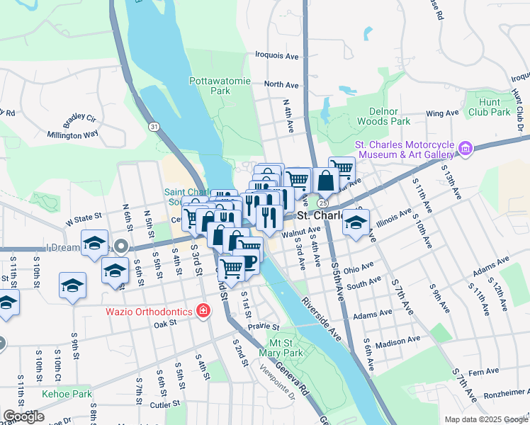 map of restaurants, bars, coffee shops, grocery stores, and more near in St. Charles