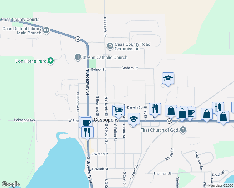 map of restaurants, bars, coffee shops, grocery stores, and more near 214 North Fulton Street in Cassopolis