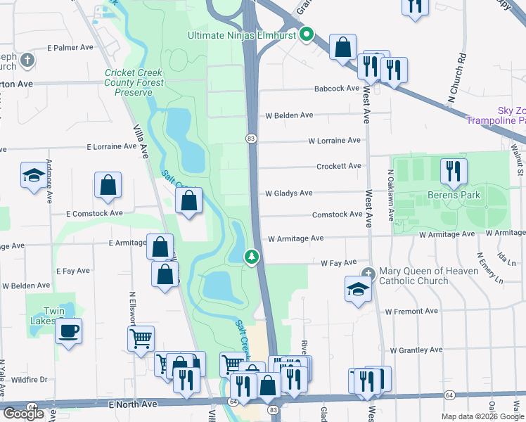 map of restaurants, bars, coffee shops, grocery stores, and more near 663 Comstock Avenue in Elmhurst