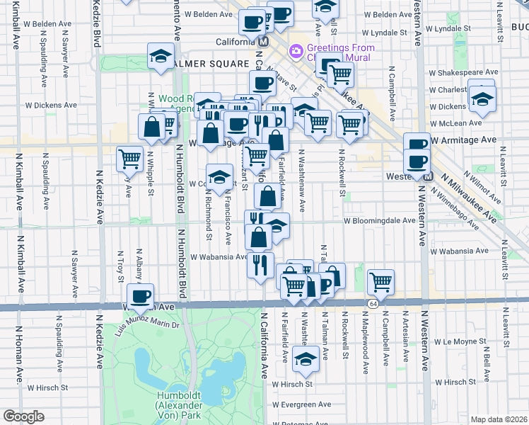 map of restaurants, bars, coffee shops, grocery stores, and more near 1818 North California Avenue in Chicago