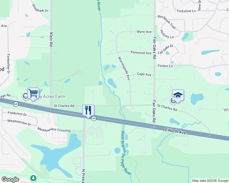 map of restaurants, bars, coffee shops, grocery stores, and more near 3N030 Morningside Avenue in West Chicago