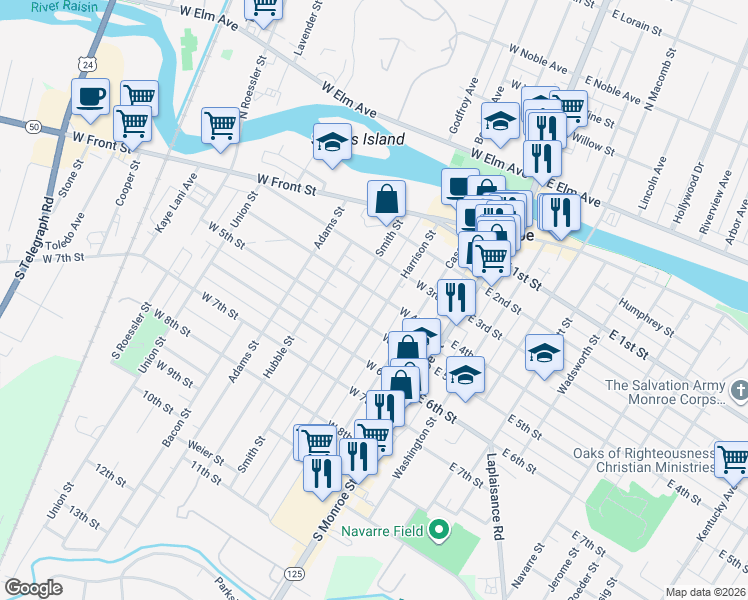 map of restaurants, bars, coffee shops, grocery stores, and more near 328 Harrison Street in Monroe