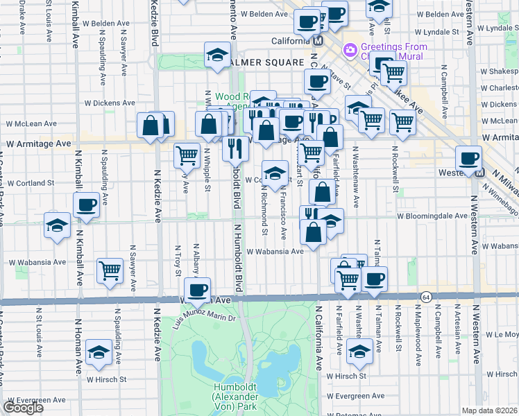 map of restaurants, bars, coffee shops, grocery stores, and more near 1816 North Richmond Street in Chicago
