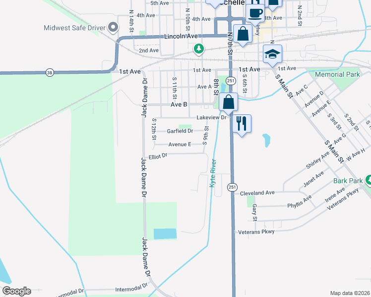 map of restaurants, bars, coffee shops, grocery stores, and more near 1024 Avenue East in Rochelle