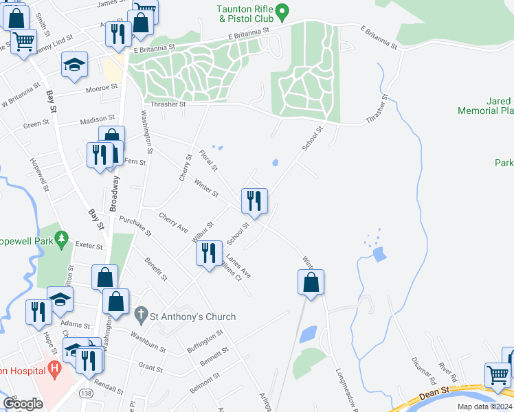 map of restaurants, bars, coffee shops, grocery stores, and more near 230 School Street in Taunton