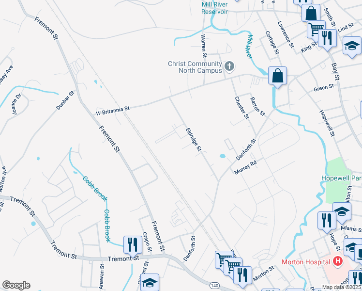 map of restaurants, bars, coffee shops, grocery stores, and more near 110A Eldridge Street in Taunton
