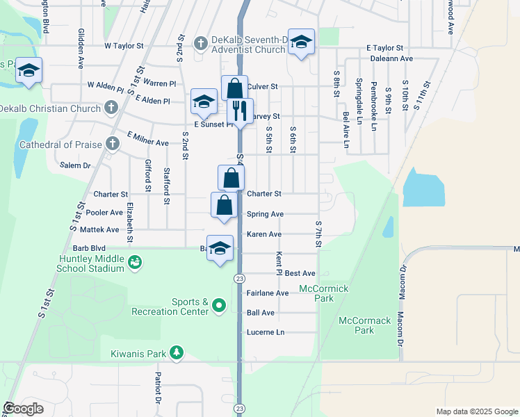 map of restaurants, bars, coffee shops, grocery stores, and more near 423 Spring Avenue in DeKalb