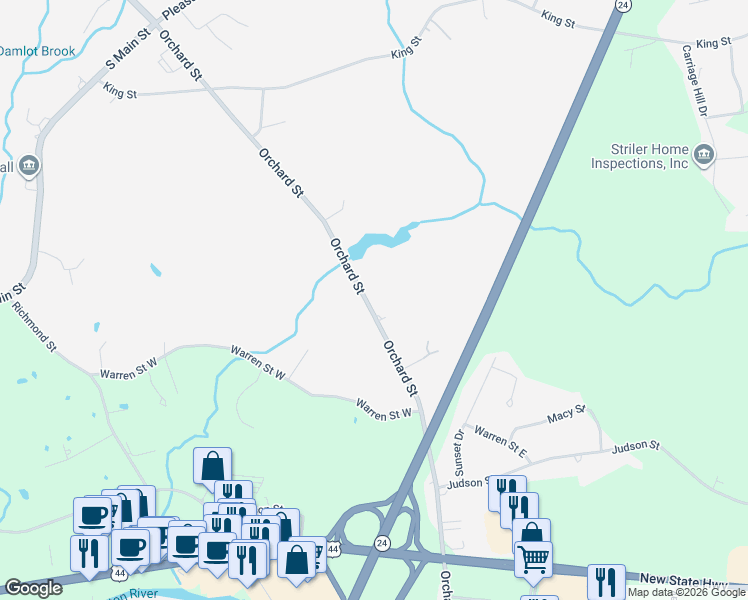 map of restaurants, bars, coffee shops, grocery stores, and more near 340 Orchard Street in Raynham