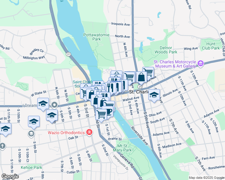map of restaurants, bars, coffee shops, grocery stores, and more near 2 East Main Street in St. Charles