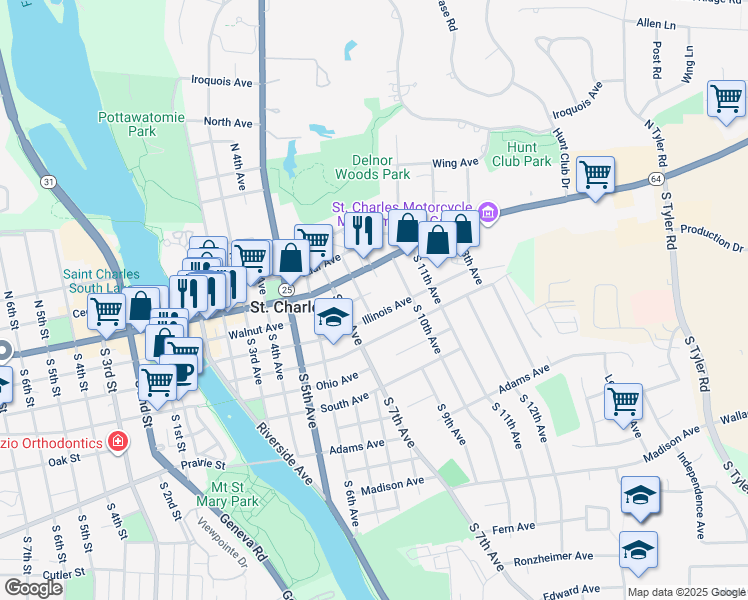 map of restaurants, bars, coffee shops, grocery stores, and more near 108 South 8th Avenue in St. Charles