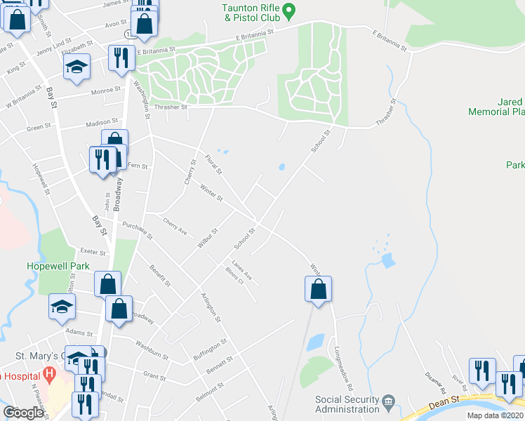map of restaurants, bars, coffee shops, grocery stores, and more near 235 School Street in Taunton