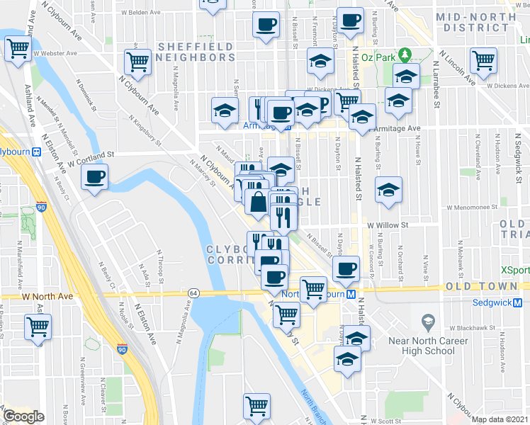 map of restaurants, bars, coffee shops, grocery stores, and more near 1827 North Clybourn Avenue in Chicago