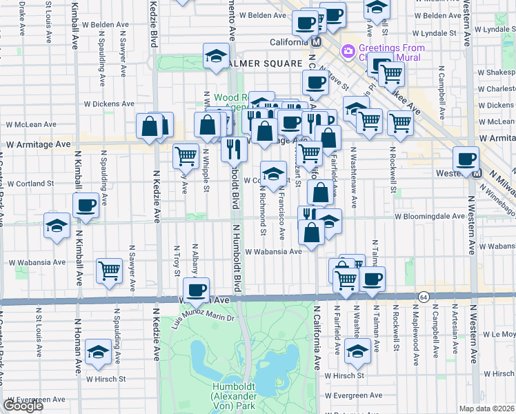 map of restaurants, bars, coffee shops, grocery stores, and more near 1816 North Richmond Street in Chicago
