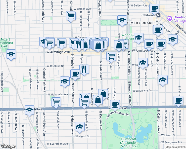 map of restaurants, bars, coffee shops, grocery stores, and more near 1823 North Sawyer Avenue in Chicago
