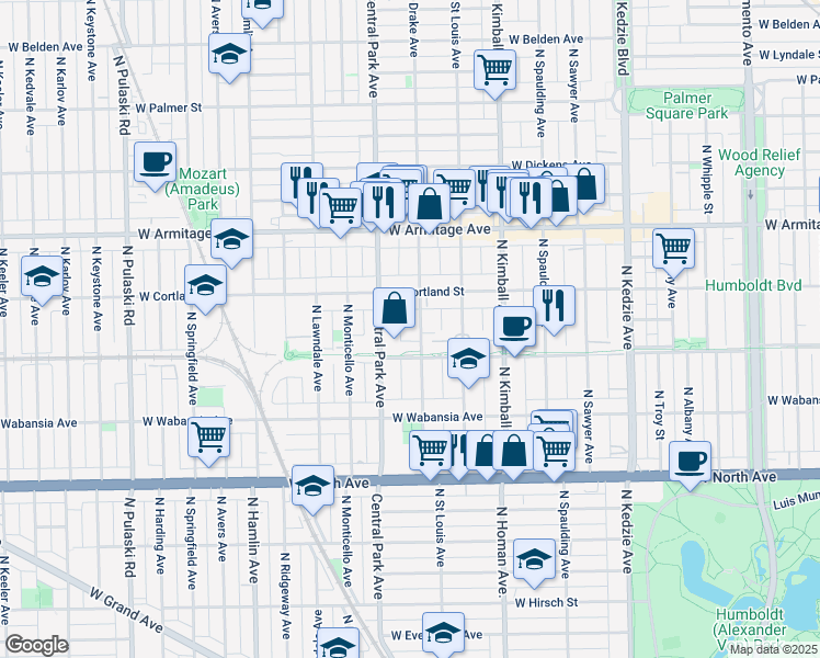 map of restaurants, bars, coffee shops, grocery stores, and more near 1826 North Drake Avenue in Chicago