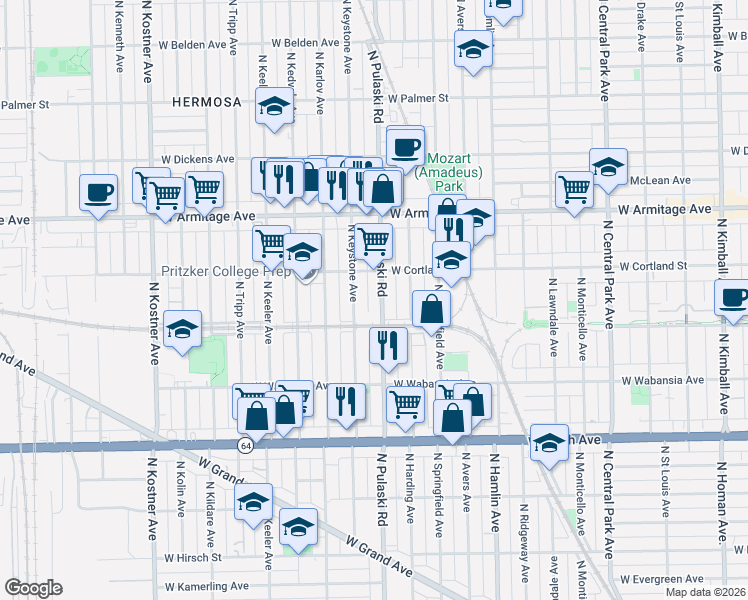 map of restaurants, bars, coffee shops, grocery stores, and more near 1827 North Keystone Avenue in Chicago