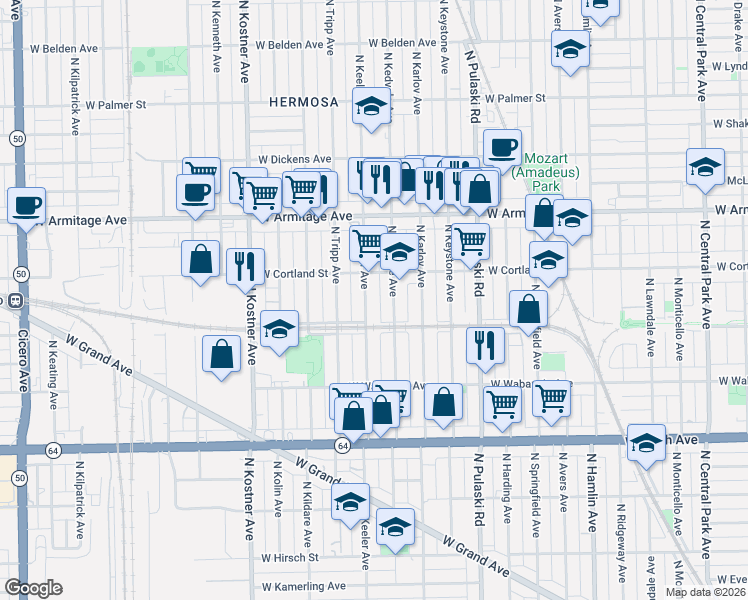 map of restaurants, bars, coffee shops, grocery stores, and more near 1830 North Kedvale Avenue in Chicago