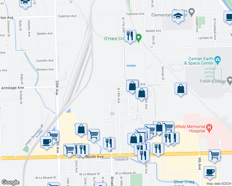 map of restaurants, bars, coffee shops, grocery stores, and more near 2070 North 18th Avenue in Melrose Park