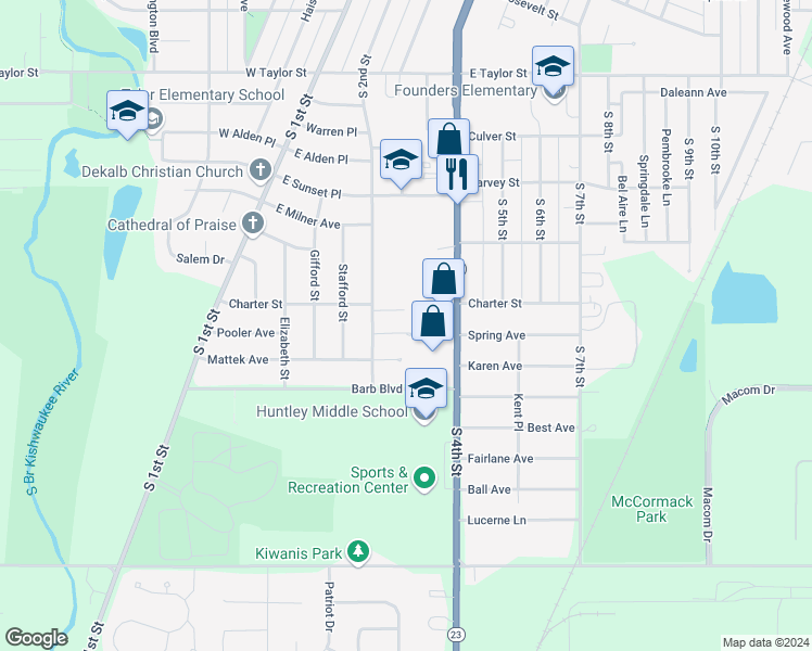 map of restaurants, bars, coffee shops, grocery stores, and more near 216 Chamberlain Drive in DeKalb