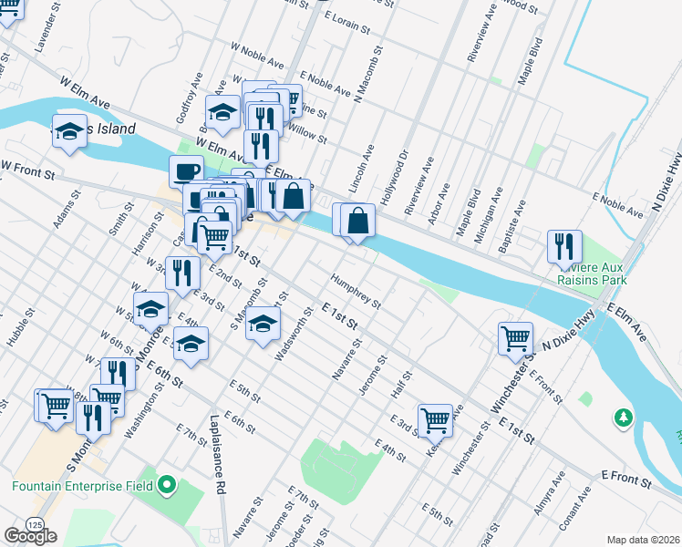 map of restaurants, bars, coffee shops, grocery stores, and more near 407 Humphrey Street in Monroe