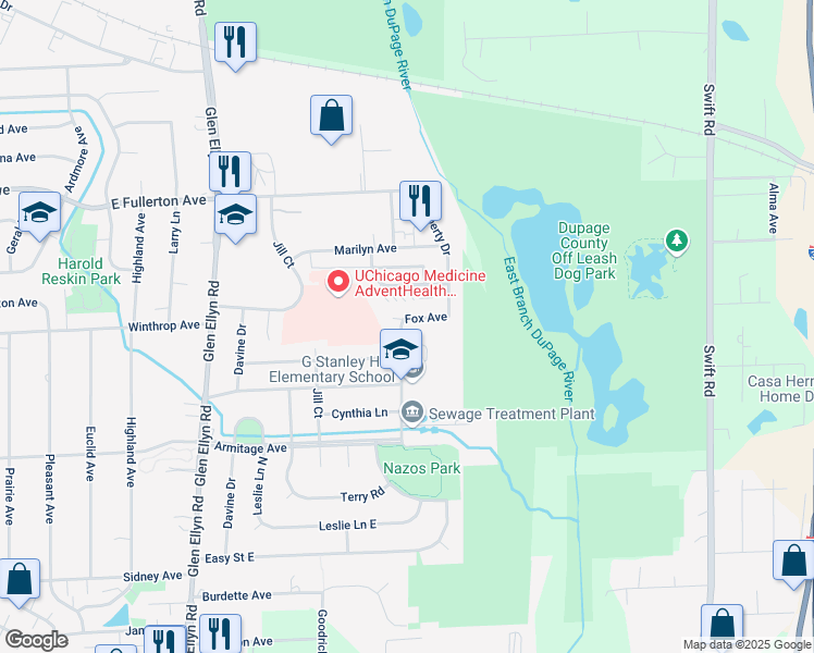 map of restaurants, bars, coffee shops, grocery stores, and more near 1489 Wayne Avenue in Glendale Heights