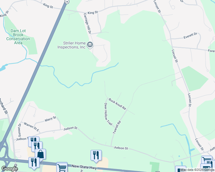 map of restaurants, bars, coffee shops, grocery stores, and more near 185 Buck Knoll Road in Raynham