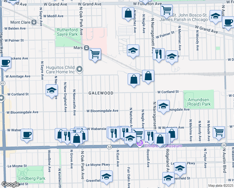 map of restaurants, bars, coffee shops, grocery stores, and more near 1858 North Nashville Avenue in Chicago